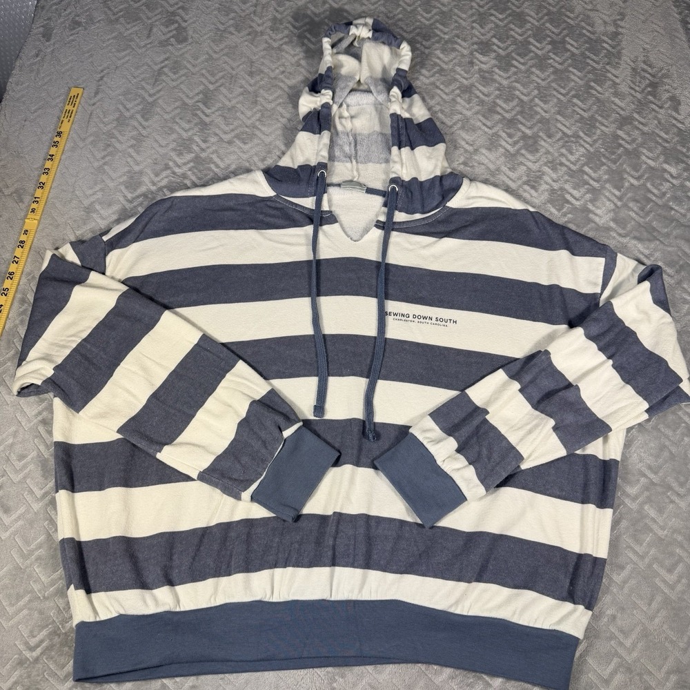 Sewing Down South Striped Hoodie Pullover Sweatshirt Blue White Logo 2XL